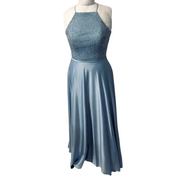 beige dungaree dress La Femme 32089 Beaded/Jersey Dress